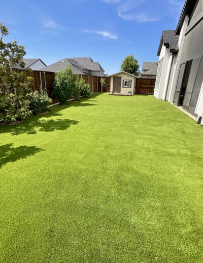 Lush green lawn and outdoor structure enhancing backyard living space.